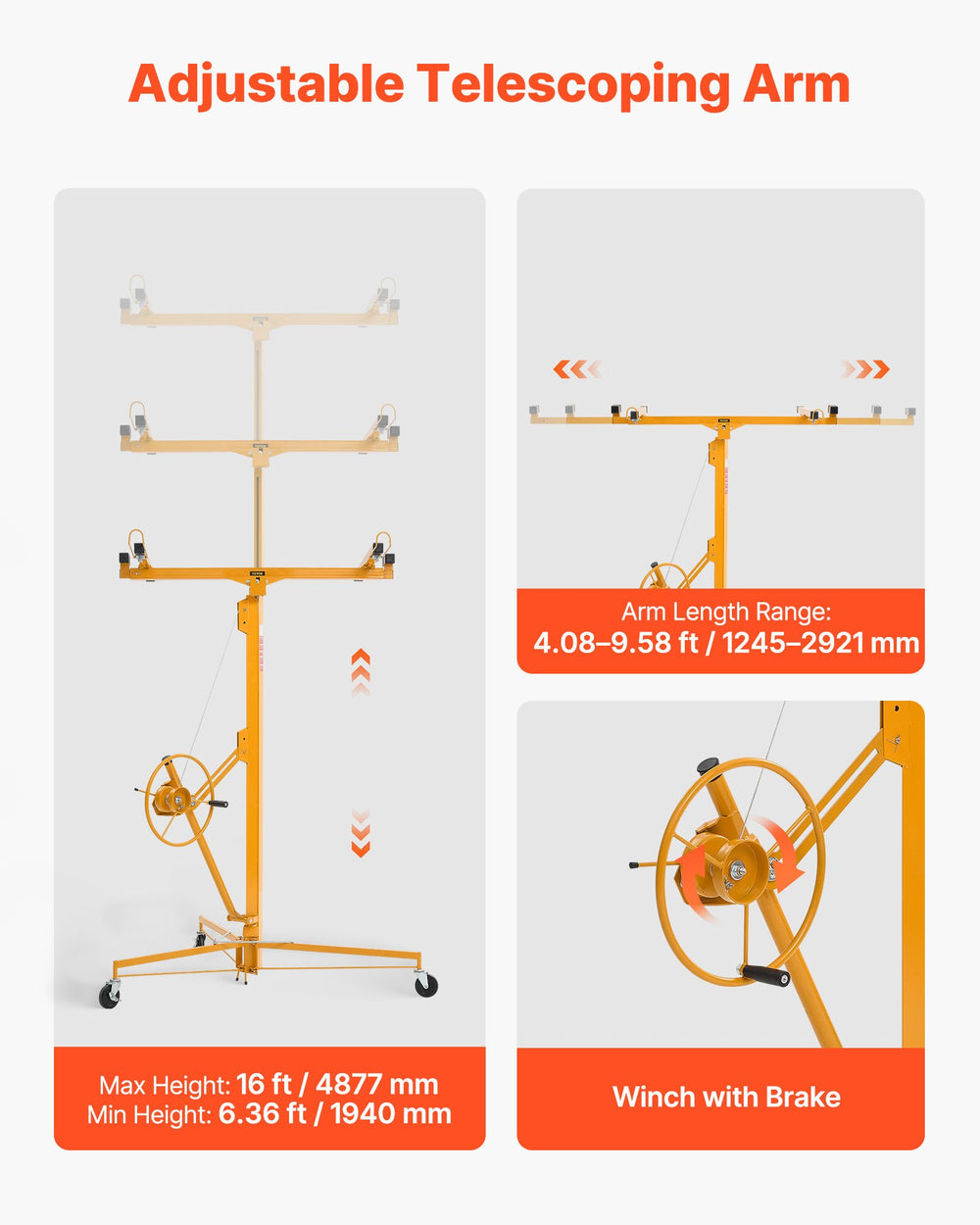 VEVOR 4877 mm Drywall Lift, Heavy-Duty 68 kg Sheetrock Hoist with Adjustable Telescoping Arm, Lockable Wheels, Drywall Lifter Panel Jack Hoist Tools Ideal for Ceiling & Wall Installation (Yellow)