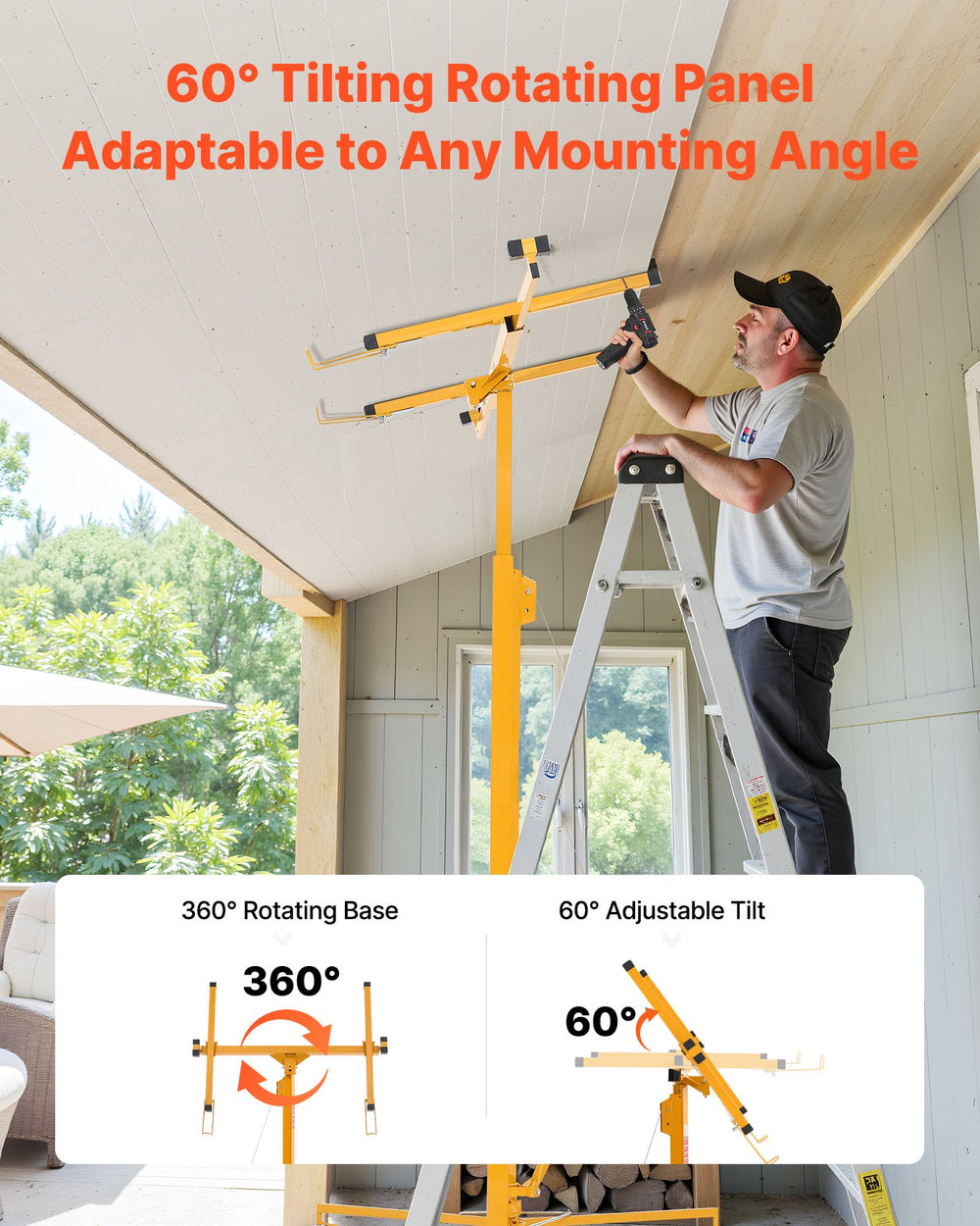 VEVOR 4877 mm Drywall Lift, Heavy-Duty 68 kg Sheetrock Hoist with Adjustable Telescoping Arm, Lockable Wheels, Drywall Lifter Panel Jack Hoist Tools Ideal for Ceiling & Wall Installation (Yellow)