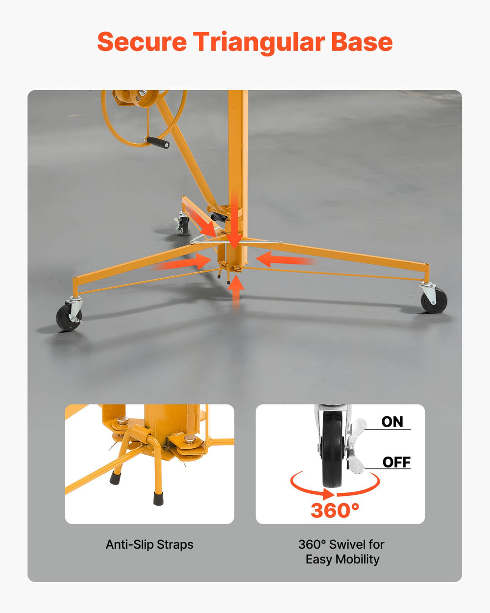 VEVOR 4877 mm Drywall Lift, Heavy-Duty 68 kg Sheetrock Hoist with Adjustable Telescoping Arm, Lockable Wheels, Drywall Lifter Panel Jack Hoist Tools Ideal for Ceiling & Wall Installation (Yellow)