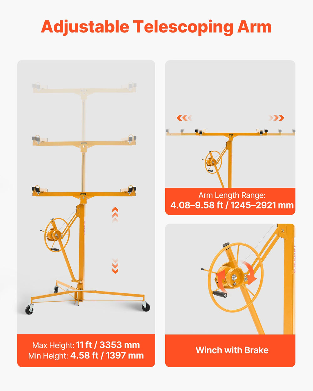 VEVOR 3353mm Drywall Lift, Heavy-Duty 68 kg Sheetrock Hoist with Adjustable Telescoping Arm, Lockable Wheels, Drywall Lifter Panel Jack Hoist Tools Ideal for Ceiling & Wall Installation (Yellow)