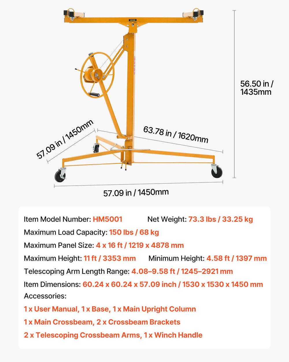 VEVOR 3353mm Drywall Lift, Heavy-Duty 68 kg Sheetrock Hoist with Adjustable Telescoping Arm, Lockable Wheels, Drywall Lifter Panel Jack Hoist Tools Ideal for Ceiling & Wall Installation (Yellow)