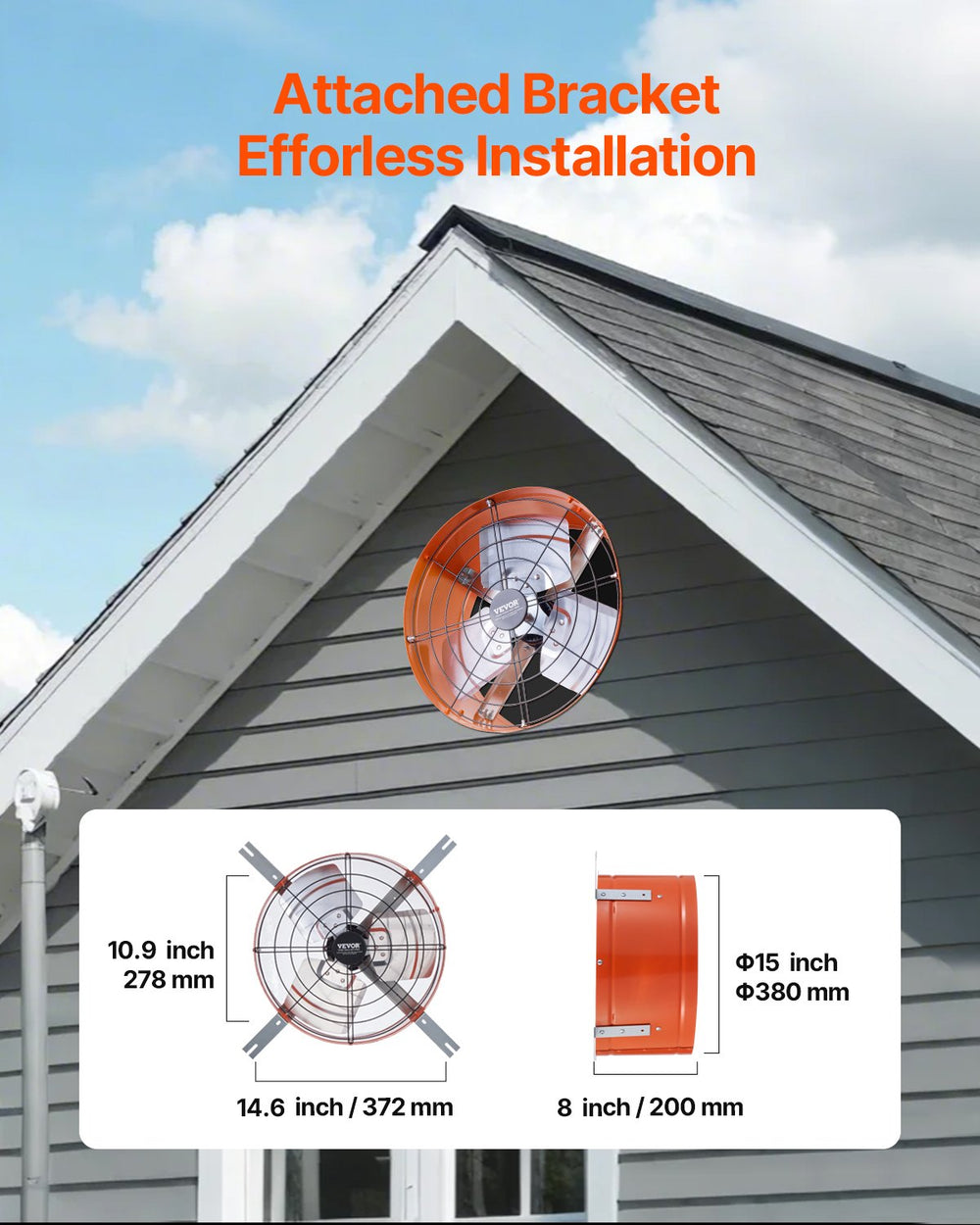 VEVOR Gable Mount Fan, 15 Inch Attic Exhaust Fan with Adjustable Thermostat &amp; Outer Mesh, 1650 CFM House Ventilator Cools Up to 2360 Sq.Ft, Quiet Ventilation for Roof, Garage &amp; Shop, Vibrant Orange