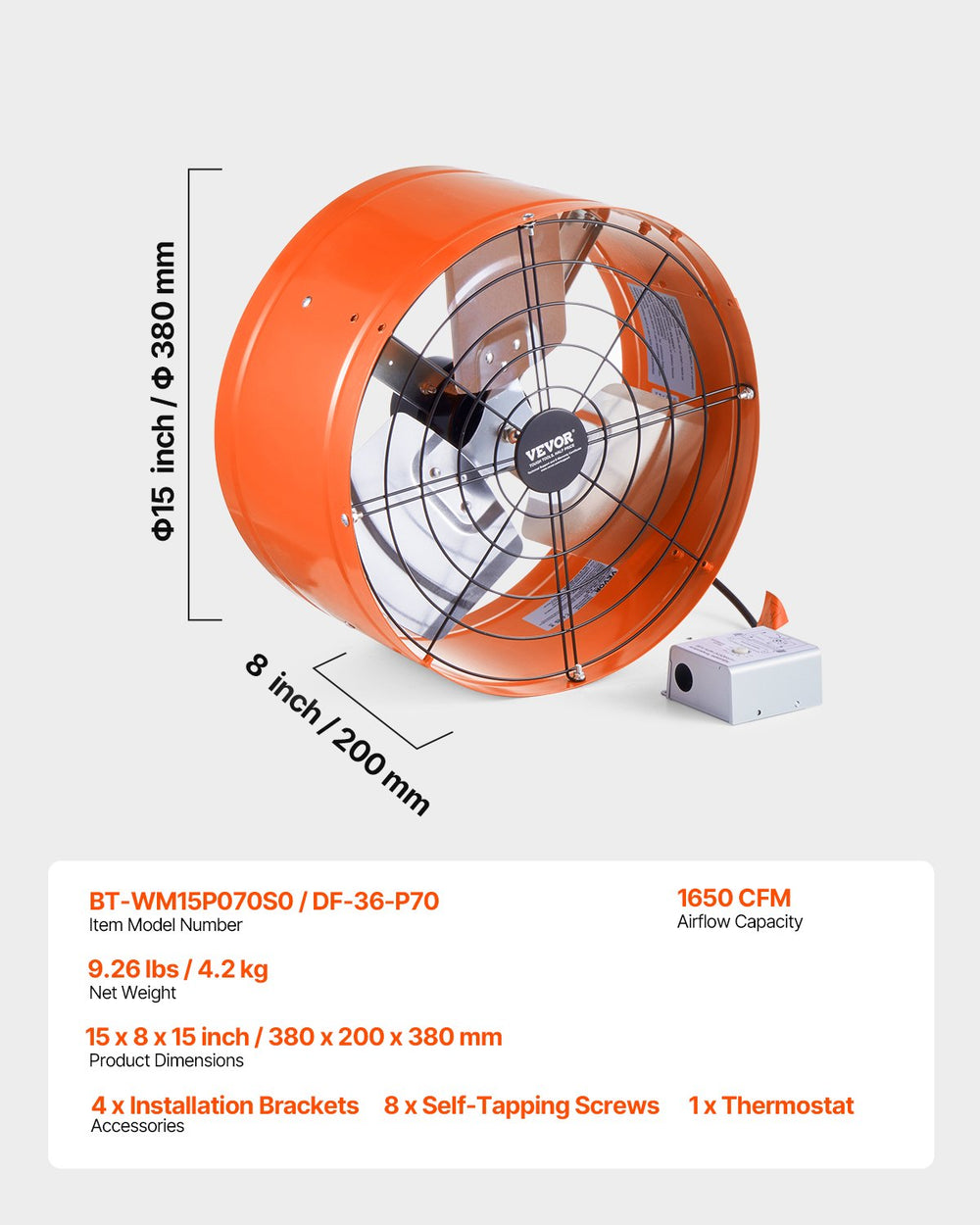 VEVOR Gable Mount Fan, 15 Inch Attic Exhaust Fan with Adjustable Thermostat &amp; Outer Mesh, 1650 CFM House Ventilator Cools Up to 2360 Sq.Ft, Quiet Ventilation for Roof, Garage &amp; Shop, Vibrant Orange