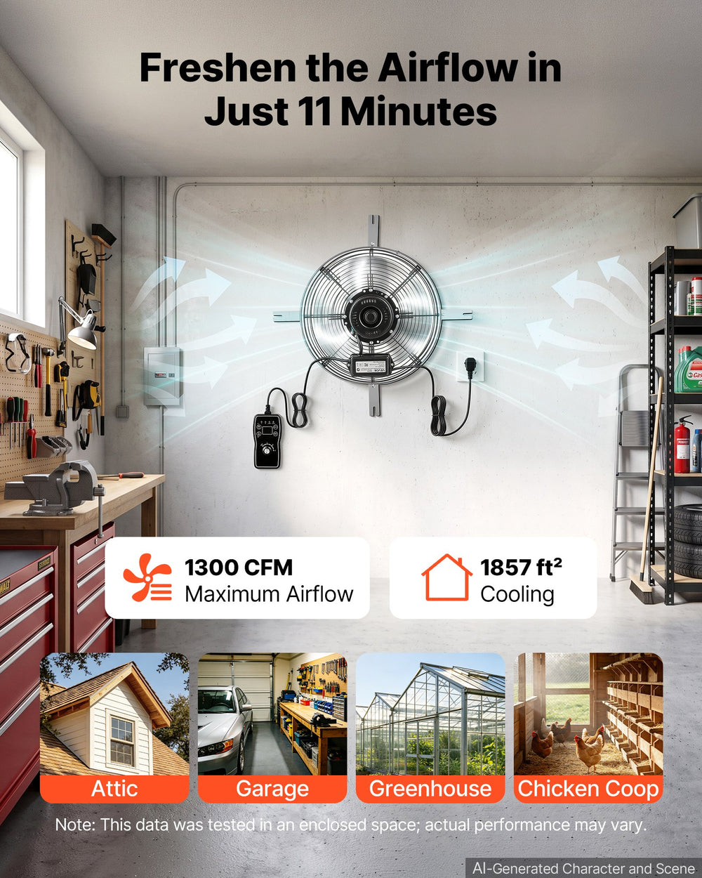 VEVOR Gable Mount Fan, 38 cm Gable Attic Vent Exhaust Fan with Thermostat, 1300 CFM Cooling and Ventilation for Home, Garage, Warehouses, Workshops, Carbon Steel Housing with Mounting Brackets, Silver