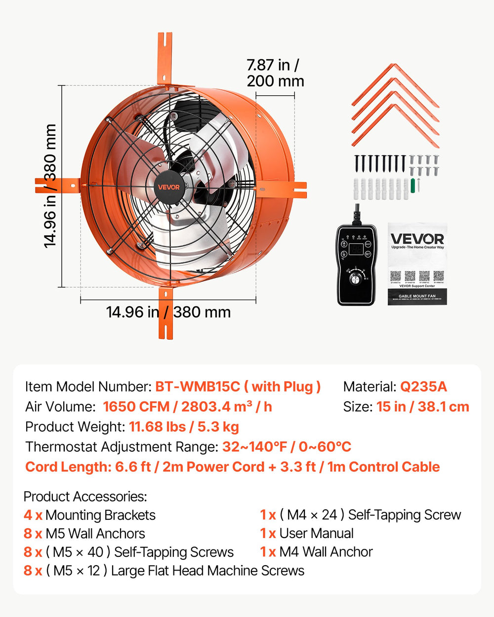 VEVOR Gable Mount Fan, 38.1 cm Attic Vent Exhaust Fan 1650 CFM Thermostat, Cooling and Ventilation for Home, Garage, Warehouse, Workshop, Carbon Steel Housing with Mounting Brackets & Hardware, Orange