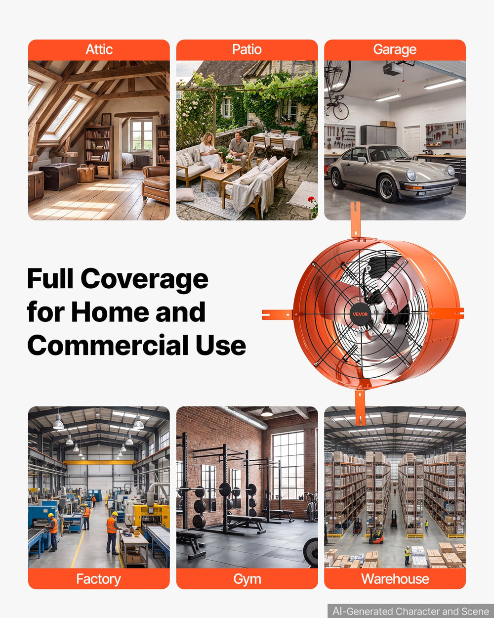 VEVOR Gable Mount Fan, 40.6 cm Attic Vent Exhaust Fan 1945 CFM Thermostat, Cooling and Ventilation for Home, Garage, Warehouse, Workshop, Carbon Steel Housing with Mounting Brackets & Hardware, Orange