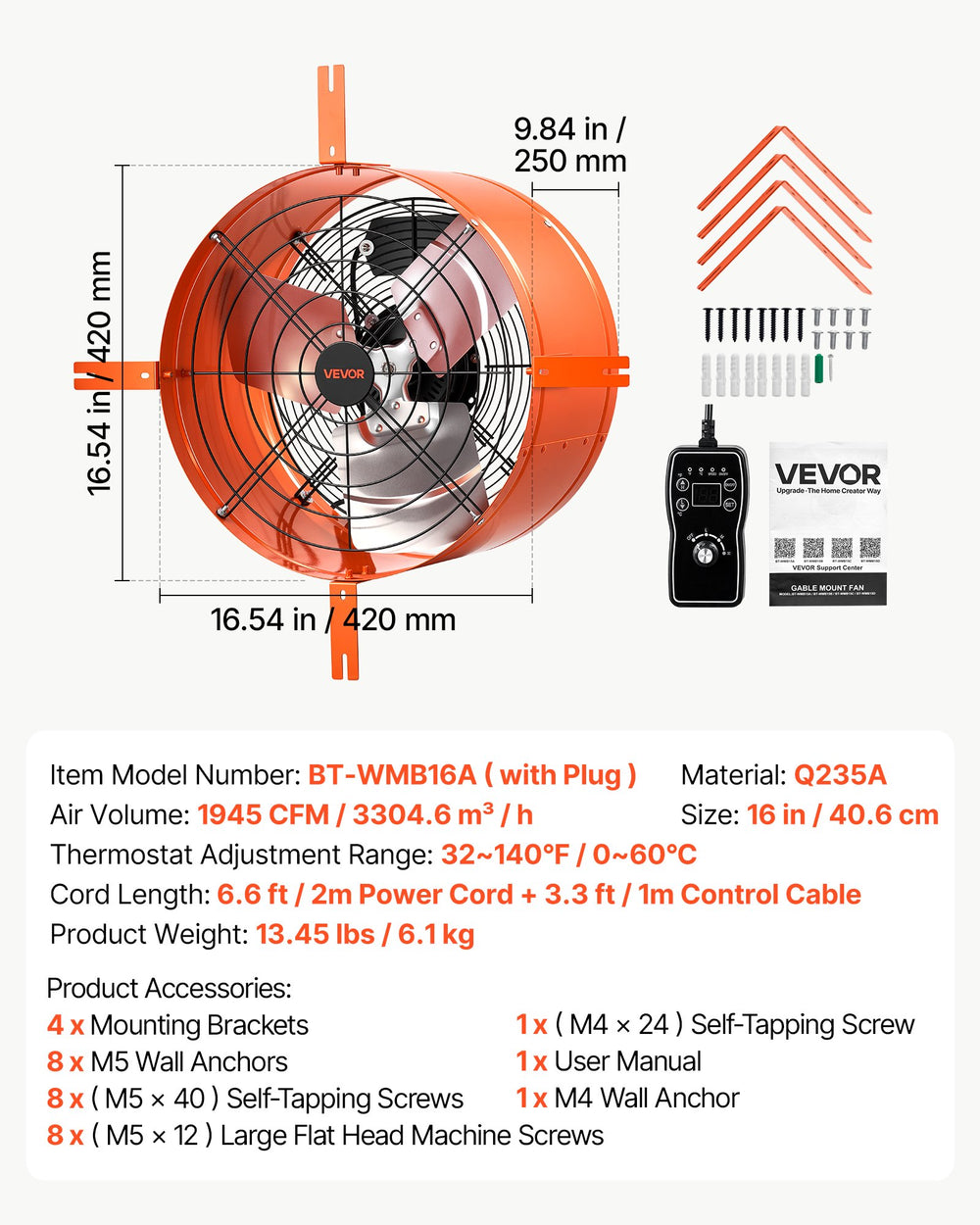VEVOR Gable Mount Fan, 40.6 cm Attic Vent Exhaust Fan 1945 CFM Thermostat, Cooling and Ventilation for Home, Garage, Warehouse, Workshop, Carbon Steel Housing with Mounting Brackets & Hardware, Orange