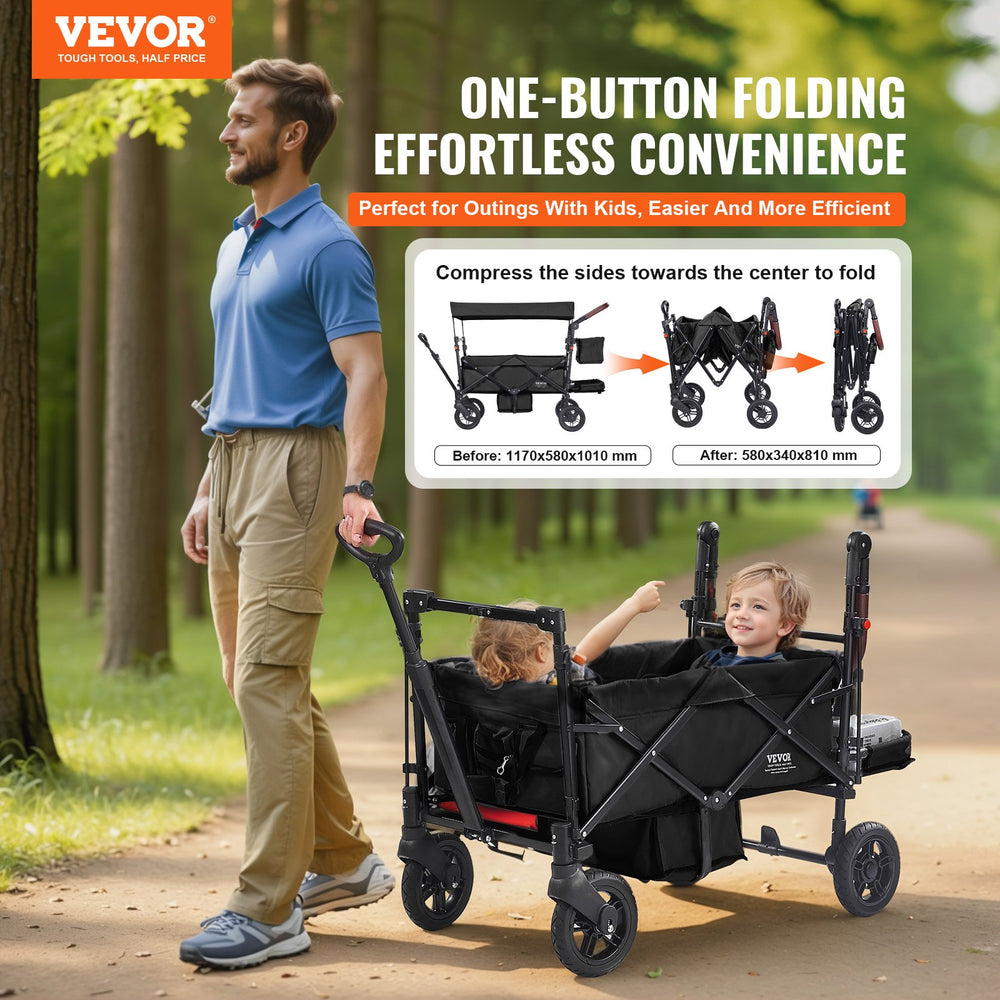 VEVOR Wagon Stroller for 2 Kids, Push Pull Quad Collapsible Stroller with Adjustable Handle, Encircling Harness Removable Canopy, 4 Wheels w/ Brakes, Mutifunction Tandem Stroller for Camping Black