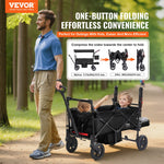 VEVOR Wagon Stroller for 2 Kids, Push Pull Quad Collapsible Stroller with Adjustable Handle, Encircling Harness Removable Canopy, 4 Wheels w/ Brakes, Mutifunction Tandem Stroller for Camping Black