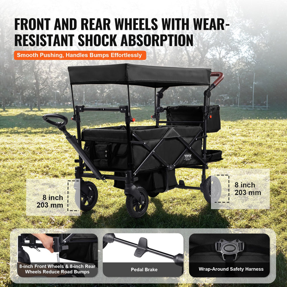 VEVOR Wagon Stroller for 2 Kids, Push Pull Quad Collapsible Stroller with Adjustable Handle, Encircling Harness Removable Canopy, 4 Wheels w/ Brakes, Mutifunction Tandem Stroller for Camping Black