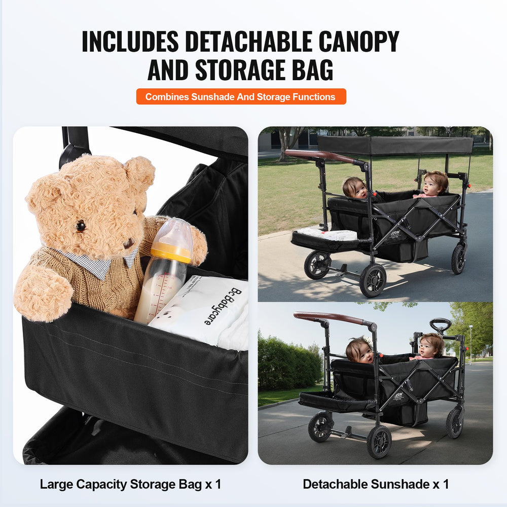 VEVOR Wagon Stroller for 2 Kids, Push Pull Quad Collapsible Stroller with Adjustable Handle, Encircling Harness Removable Canopy, 4 Wheels w/ Brakes, Mutifunction Tandem Stroller for Camping Black