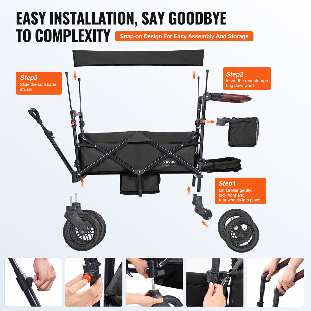 VEVOR Wagon Stroller for 2 Kids, Push Pull Quad Collapsible Stroller with Adjustable Handle, Encircling Harness Removable Canopy, 4 Wheels w/ Brakes, Mutifunction Tandem Stroller for Camping Black