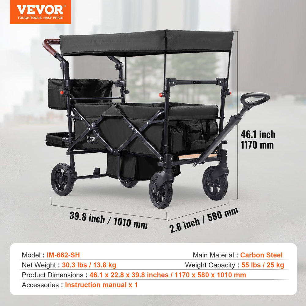 VEVOR Wagon Stroller for 2 Kids, Push Pull Quad Collapsible Stroller with Adjustable Handle, Encircling Harness Removable Canopy, 4 Wheels w/ Brakes, Mutifunction Tandem Stroller for Camping Black