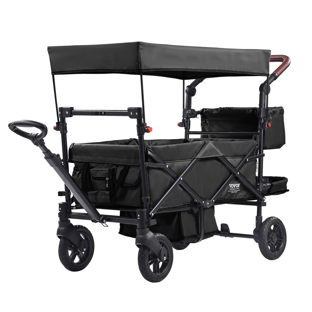 VEVOR Wagon Stroller for 2 Kids, Push Pull Quad Collapsible Stroller with Adjustable Handle, Encircling Harness Removable Canopy, 4 Wheels w/ Brakes, Mutifunction Tandem Stroller for Camping Black