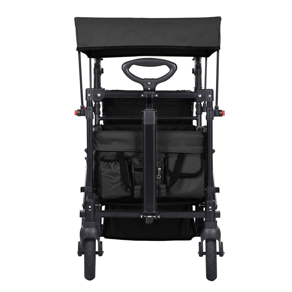 VEVOR Wagon Stroller for 2 Kids, Push Pull Quad Collapsible Stroller with Adjustable Handle, Encircling Harness Removable Canopy, 4 Wheels w/ Brakes, Mutifunction Tandem Stroller for Camping Black