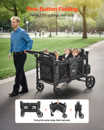 VEVOR Wagon Stroller for 4 Kids, Push Pull Quad Collapsible Stroller with Adjustable Handle, Safety Harness & Removable Canopy, 4-Seater Stroller Wagon for Camping, Dark Gray & Black (330LBS Loading)