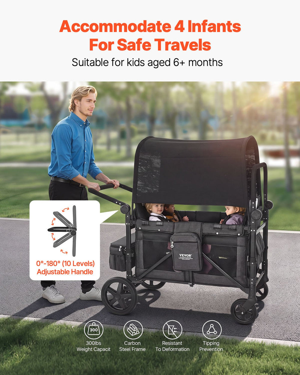 VEVOR Wagon Stroller for 4 Kids, Push Pull Quad Collapsible Stroller with Adjustable Handle, Safety Harness & Removable Canopy, 4-Seater Stroller Wagon for Camping, Dark Gray & Black (330LBS Loading)