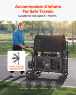 VEVOR Wagon Stroller for 4 Kids, Push Pull Quad Collapsible Stroller with Adjustable Handle, Safety Harness & Removable Canopy, 4-Seater Stroller Wagon for Camping, Dark Gray & Black (330LBS Loading)