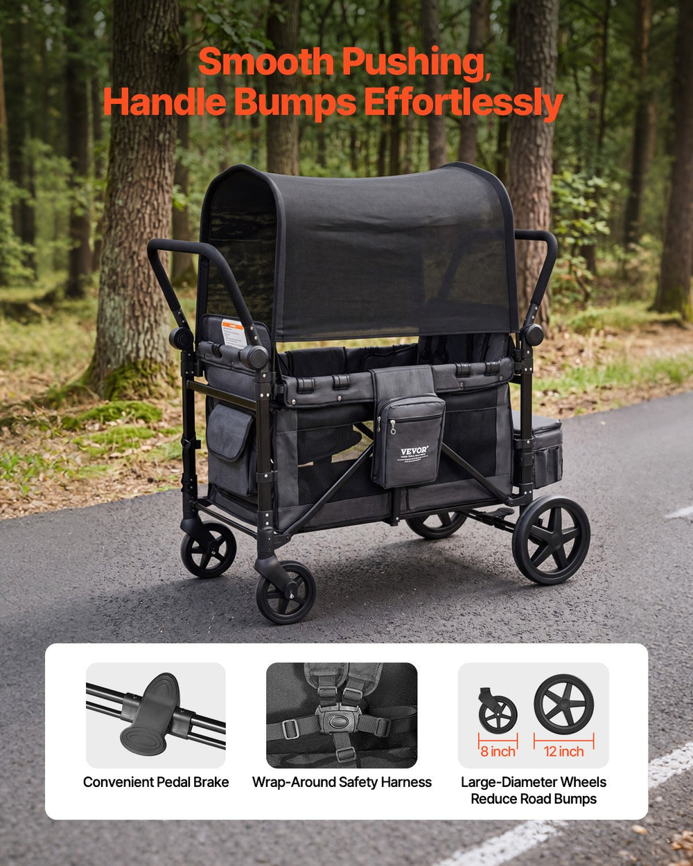 VEVOR Wagon Stroller for 4 Kids, Push Pull Quad Collapsible Stroller with Adjustable Handle, Safety Harness & Removable Canopy, 4-Seater Stroller Wagon for Camping, Dark Gray & Black (330LBS Loading)