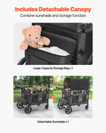 VEVOR Wagon Stroller for 4 Kids, Push Pull Quad Collapsible Stroller with Adjustable Handle, Safety Harness & Removable Canopy, 4-Seater Stroller Wagon for Camping, Dark Gray & Black (330LBS Loading)