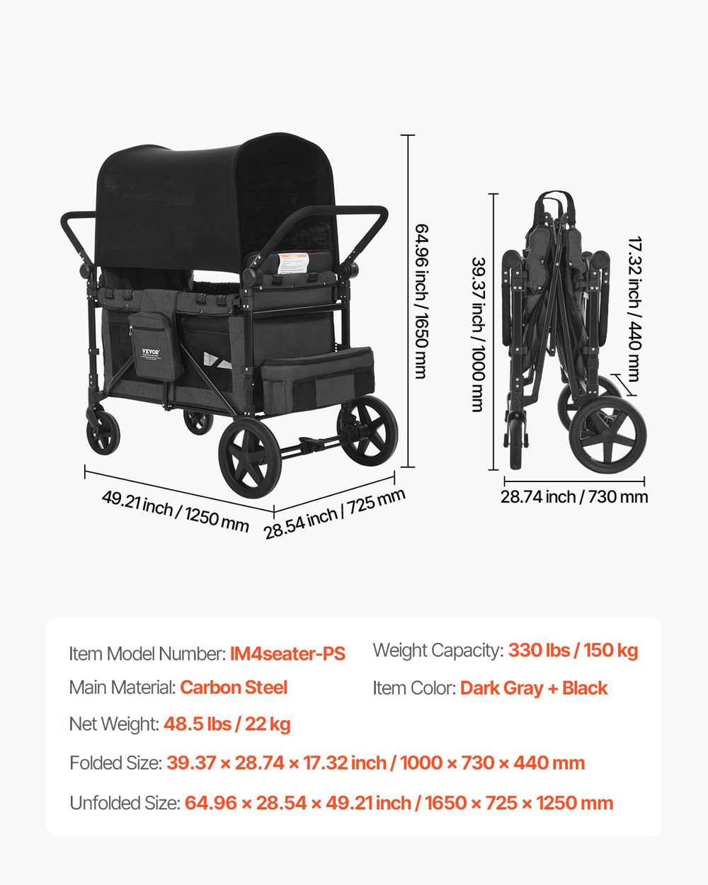 VEVOR Wagon Stroller for 4 Kids, Push Pull Quad Collapsible Stroller with Adjustable Handle, Safety Harness & Removable Canopy, 4-Seater Stroller Wagon for Camping, Dark Gray & Black (330LBS Loading)
