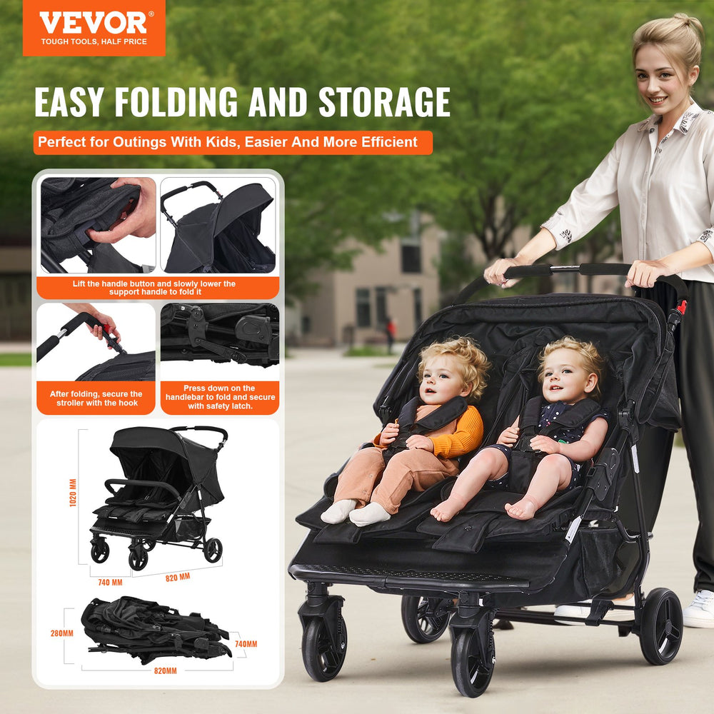 VEVOR Double Stroller, Side x Side, Foldable Lightweight Twin Stroller with Tandem Seating, Adjustable Footrest/Rotating Handle, Wrap-Around Safety Harness,Storage Basket,for Newborn & Toddler (Black)
