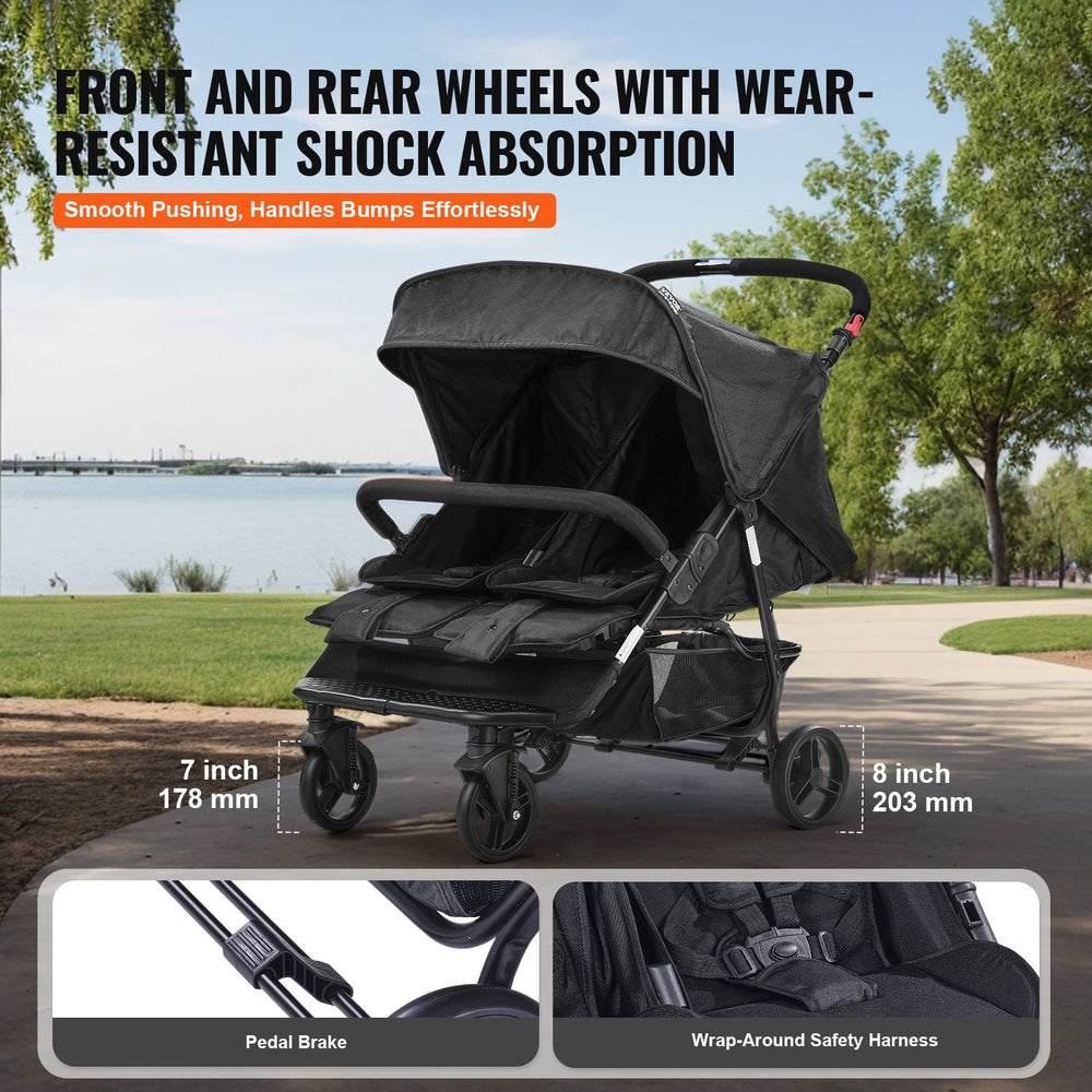 VEVOR Double Stroller, Side x Side, Foldable Lightweight Twin Stroller with Tandem Seating, Adjustable Footrest/Rotating Handle, Wrap-Around Safety Harness,Storage Basket,for Newborn & Toddler (Black)