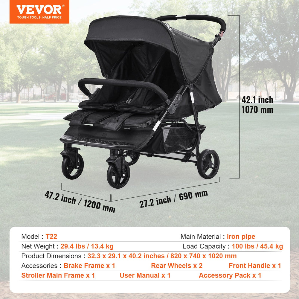 VEVOR Double Stroller, Side x Side, Foldable Lightweight Twin Stroller with Tandem Seating, Adjustable Footrest/Rotating Handle, Wrap-Around Safety Harness,Storage Basket,for Newborn & Toddler (Black)