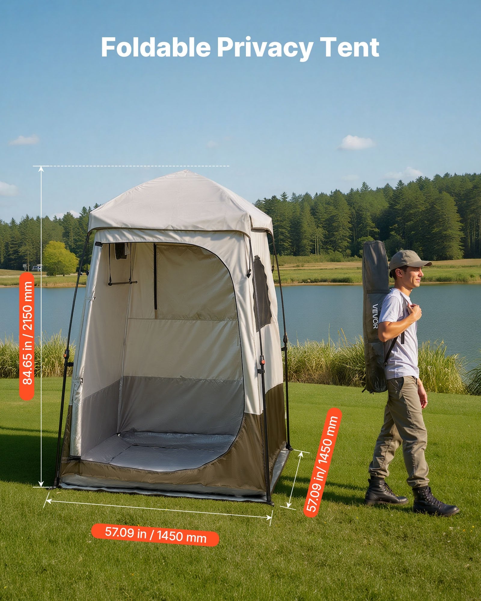 VEVOR Camping Shower Tent, 1 Room, Foldable Privacy Tent Changing Room with Ground Stakes, Ropes, Carry Bag, and Crossbar, 210D Oxford Fabric with Silver Coating, for Camping, Beach, and Fishing