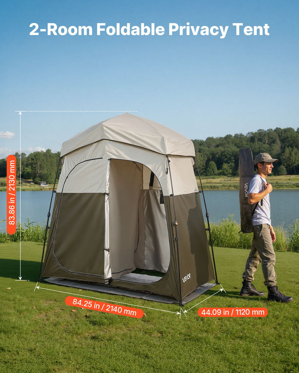 VEVOR Camping Shower Tent, 2-Room Foldable Portable Privacy Tent Changing Room with Ground Stakes, Ropes, and Carry Bag, 150D Oxford Fabric with Silver Coating, for Camping, Beach, and Fishing