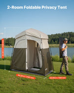 VEVOR Camping Shower Tent, 2-Room Foldable Portable Privacy Tent Changing Room with Ground Stakes, Ropes, and Carry Bag, 150D Oxford Fabric with Silver Coating, for Camping, Beach, and Fishing