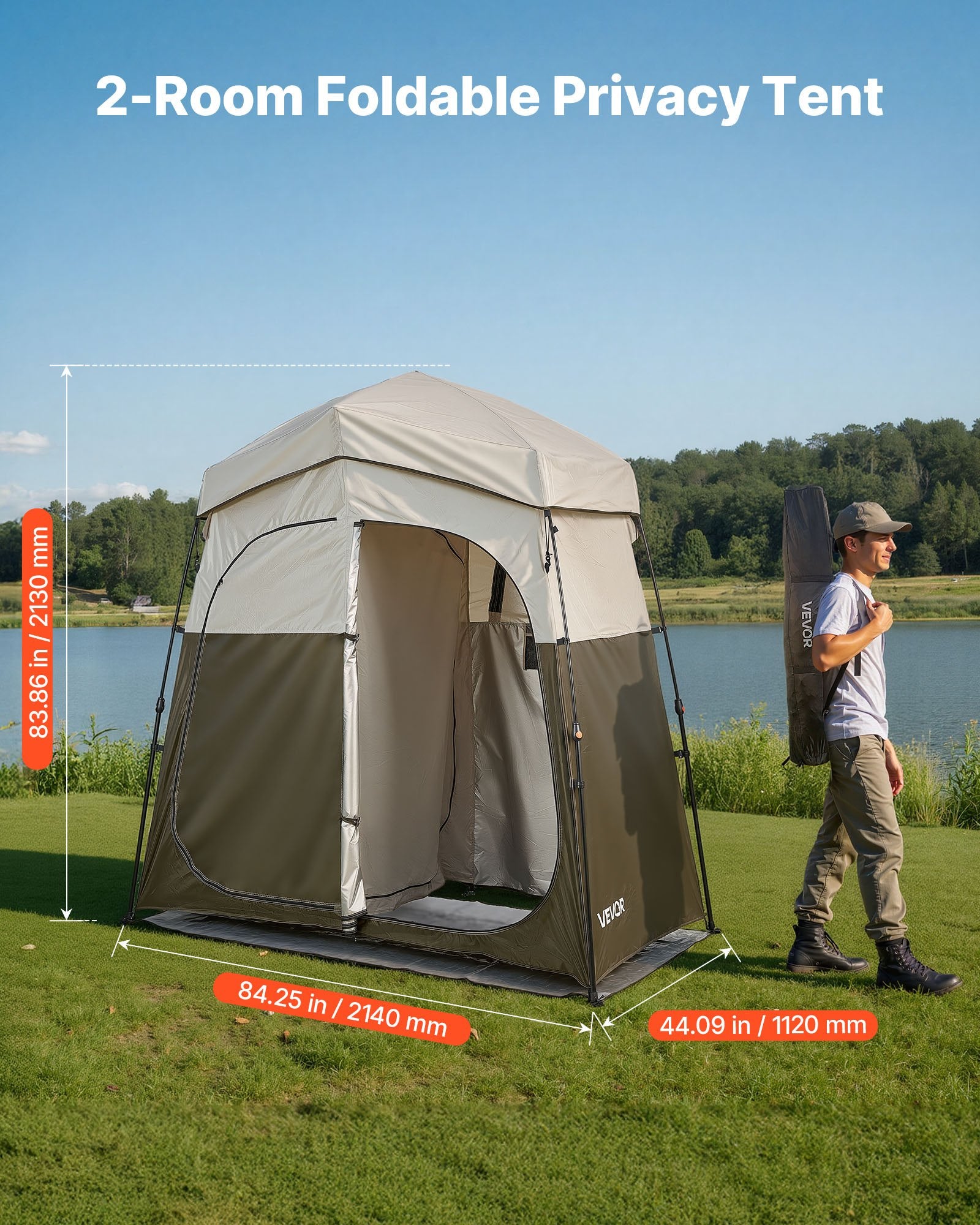 VEVOR Camping Shower Tent, 2-Room Foldable Portable Privacy Tent Changing Room with Ground Stakes, Ropes, and Carry Bag, 150D Oxford Fabric with Silver Coating, for Camping, Beach, and Fishing