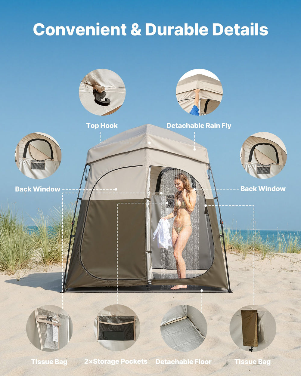 VEVOR Camping Shower Tent, 2-Room Foldable Portable Privacy Tent Changing Room with Ground Stakes, Ropes, and Carry Bag, 150D Oxford Fabric with Silver Coating, for Camping, Beach, and Fishing