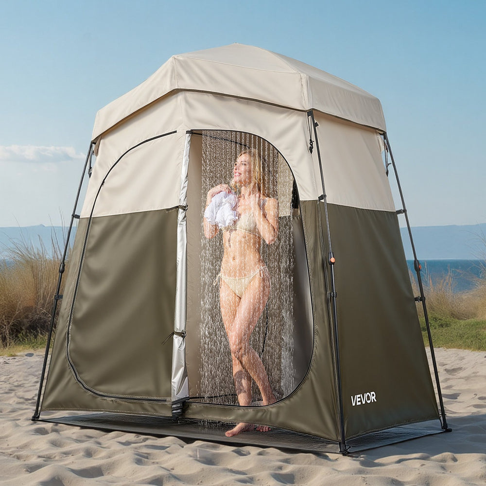 VEVOR Camping Shower Tent, 2-Room Foldable Portable Privacy Tent Changing Room with Ground Stakes, Ropes, and Carry Bag, 150D Oxford Fabric with Silver Coating, for Camping, Beach, and Fishing