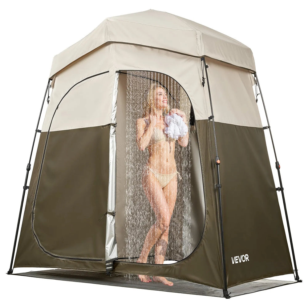 VEVOR Camping Shower Tent, 2-Room Foldable Portable Privacy Tent Changing Room with Ground Stakes, Ropes, and Carry Bag, 150D Oxford Fabric with Silver Coating, for Camping, Beach, and Fishing
