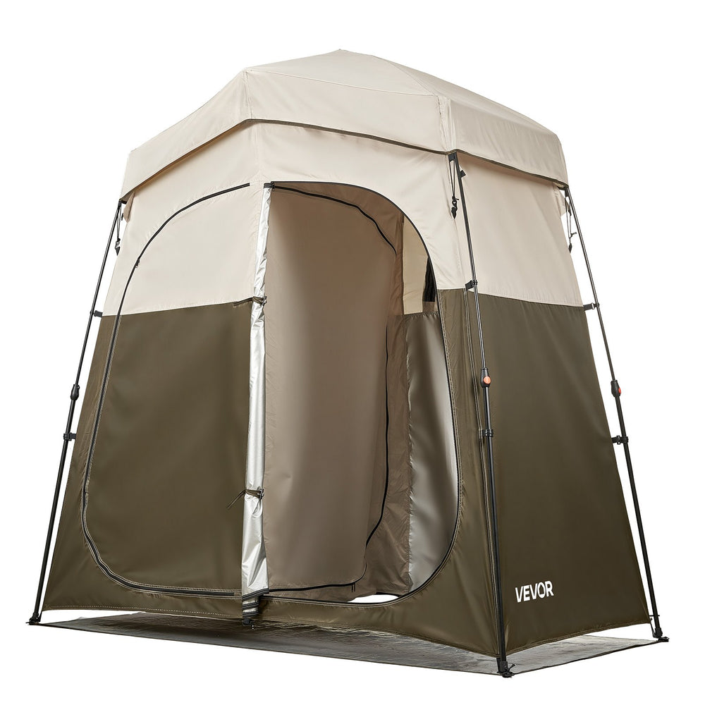 VEVOR Camping Shower Tent, 2-Room Foldable Portable Privacy Tent Changing Room with Ground Stakes, Ropes, and Carry Bag, 150D Oxford Fabric with Silver Coating, for Camping, Beach, and Fishing