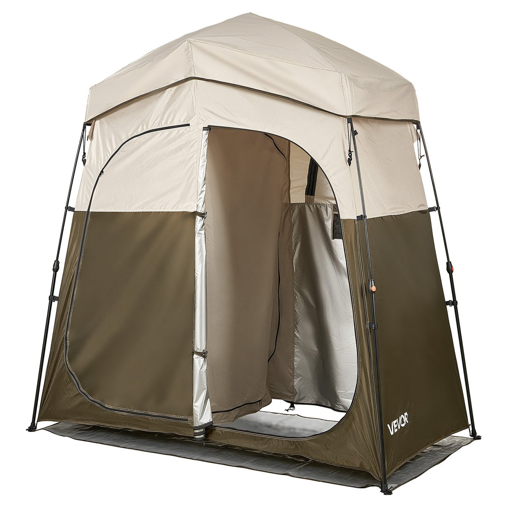 VEVOR Camping Shower Tent, 2-Room Foldable Portable Privacy Tent Changing Room with Ground Stakes, Ropes, and Carry Bag, 150D Oxford Fabric with Silver Coating, for Camping, Beach, and Fishing