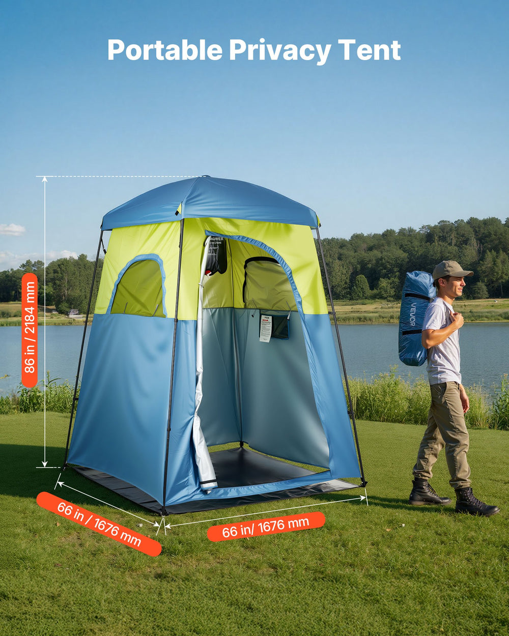 VEVOR Camping Shower Tent, 1 Room, Portable Privacy Tent Changing Room with Shower Bag, Ground Stakes, Ropes, Carry Bag, and Support Poles, 150D Oxford Fabric with Silver Coating, for Camping, Fishing