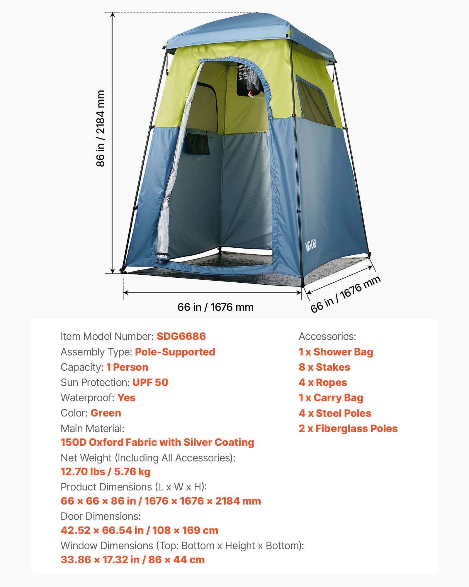 VEVOR Camping Shower Tent, 1 Room, Portable Privacy Tent Changing Room with Shower Bag, Ground Stakes, Ropes, Carry Bag, and Support Poles, 150D Oxford Fabric with Silver Coating, for Camping, Fishing