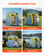 VEVOR Camping Shower Tent, 2-Room Portable Privacy Tent Changing Room with Shower Bag, Ground Stakes, Ropes, Carry Bag, and Support Poles, 150D Oxford Fabric with Silver Coating, for Camping, Fishing