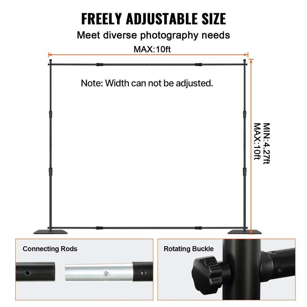 VEVOR 304.8 x 304.8 cm Pipe and Drape Kit, Heavy Duty Backdrop Stand with Carbon Steel Base, Adjustable Backdrop Support with 6 Clamps and A Carry Bag for Wedding, Party, Event, Photography, and Exhibition