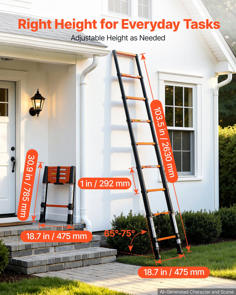 VEVOR Telescoping Ladder, 263 cm Extension Ladder One-Button Retraction, Heavy-Duty 150 kg Capacity, for Home Repairs, Painting, Window Cleaning and RV, Aluminum, Anti-Slip Steps, Orange & Black