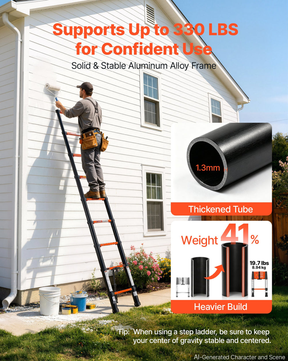VEVOR Telescoping Ladder, 263 cm Extension Ladder One-Button Retraction, Heavy-Duty 150 kg Capacity, for Home Repairs, Painting, Window Cleaning and RV, Aluminum, Anti-Slip Steps, Orange & Black