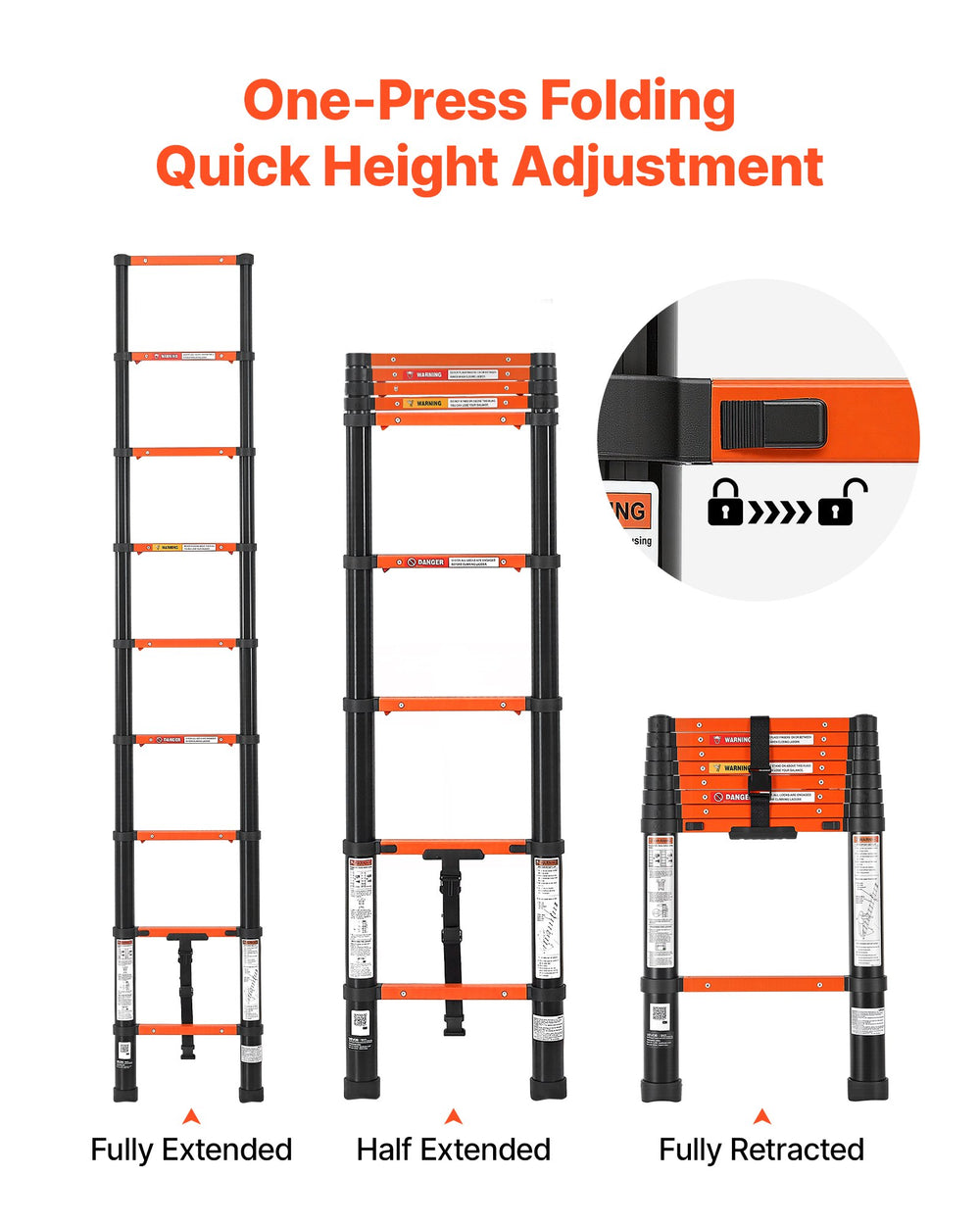 VEVOR Telescoping Ladder, 263 cm Extension Ladder One-Button Retraction, Heavy-Duty 150 kg Capacity, for Home Repairs, Painting, Window Cleaning and RV, Aluminum, Anti-Slip Steps, Orange & Black