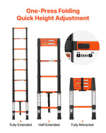 VEVOR Telescoping Ladder, 263 cm Extension Ladder One-Button Retraction, Heavy-Duty 150 kg Capacity, for Home Repairs, Painting, Window Cleaning and RV, Aluminum, Anti-Slip Steps, Orange & Black