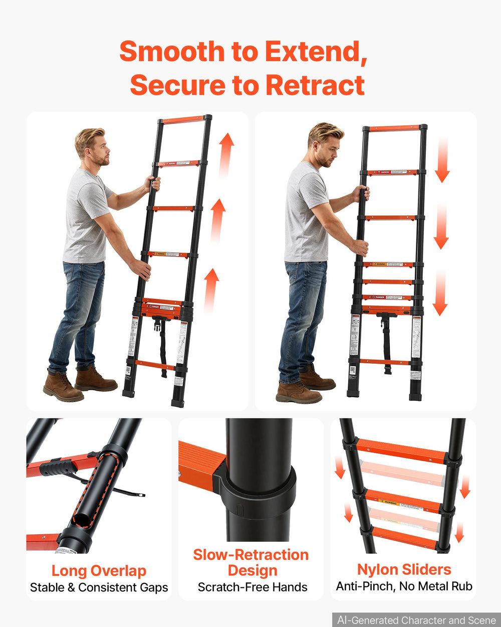 VEVOR Telescoping Ladder, 263 cm Extension Ladder One-Button Retraction, Heavy-Duty 150 kg Capacity, for Home Repairs, Painting, Window Cleaning and RV, Aluminum, Anti-Slip Steps, Orange & Black
