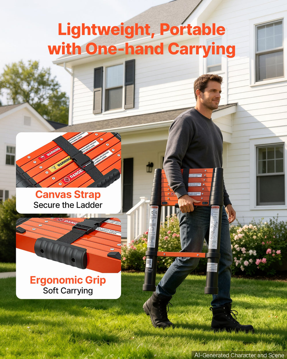 VEVOR Telescoping Ladder, 263 cm Extension Ladder One-Button Retraction, Heavy-Duty 150 kg Capacity, for Home Repairs, Painting, Window Cleaning and RV, Aluminum, Anti-Slip Steps, Orange & Black