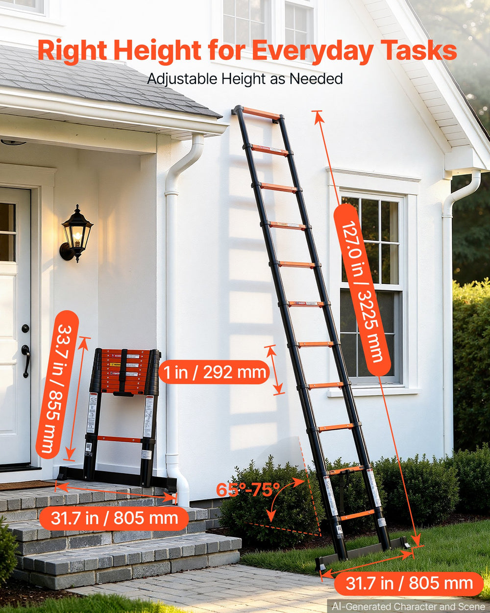 VEVOR Telescoping Ladder, 322 cm Extension Ladder One-Button Retraction, Heavy-Duty 150 kg Capacity, for Home Repairs, Painting, Window Cleaning and RV, Aluminum, Anti-Slip Steps, Orange & Black