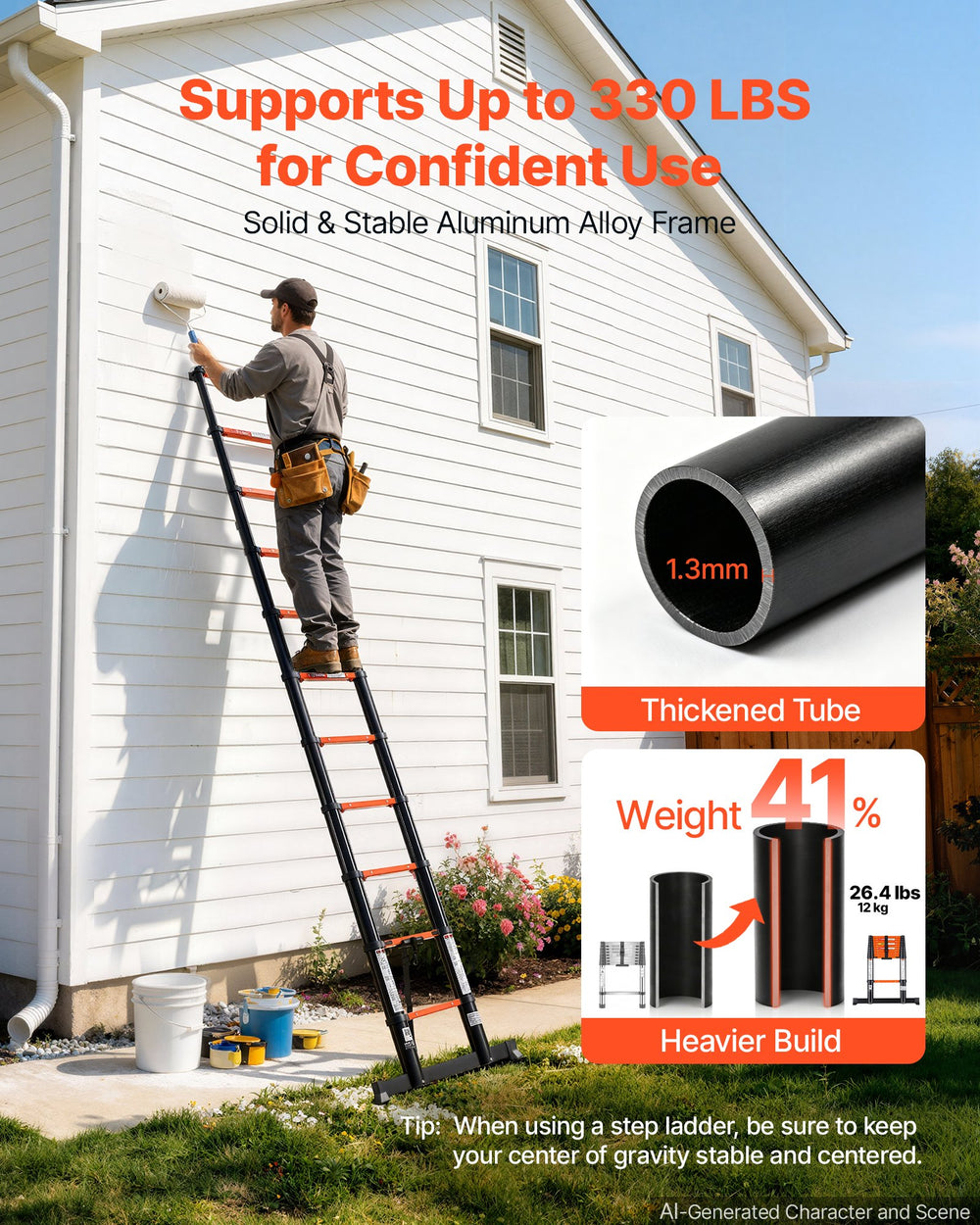 VEVOR Telescoping Ladder, 322 cm Extension Ladder One-Button Retraction, Heavy-Duty 150 kg Capacity, for Home Repairs, Painting, Window Cleaning and RV, Aluminum, Anti-Slip Steps, Orange & Black