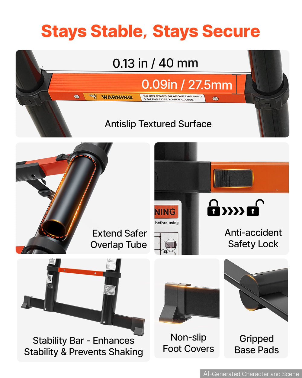 VEVOR Telescoping Ladder, 322 cm Extension Ladder One-Button Retraction, Heavy-Duty 150 kg Capacity, for Home Repairs, Painting, Window Cleaning and RV, Aluminum, Anti-Slip Steps, Orange & Black